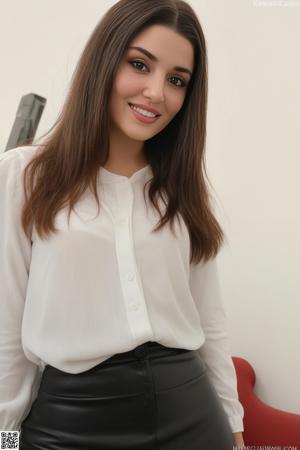 A woman sitting on top of a white couch.