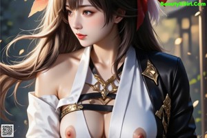 A woman in a revealing outfit stands on a rooftop with a cityscape and cherry blossoms in the background.