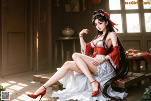 A woman in a red kimono is posing for a picture.