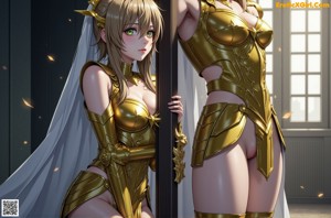 A woman in a golden armor is posing for a picture.