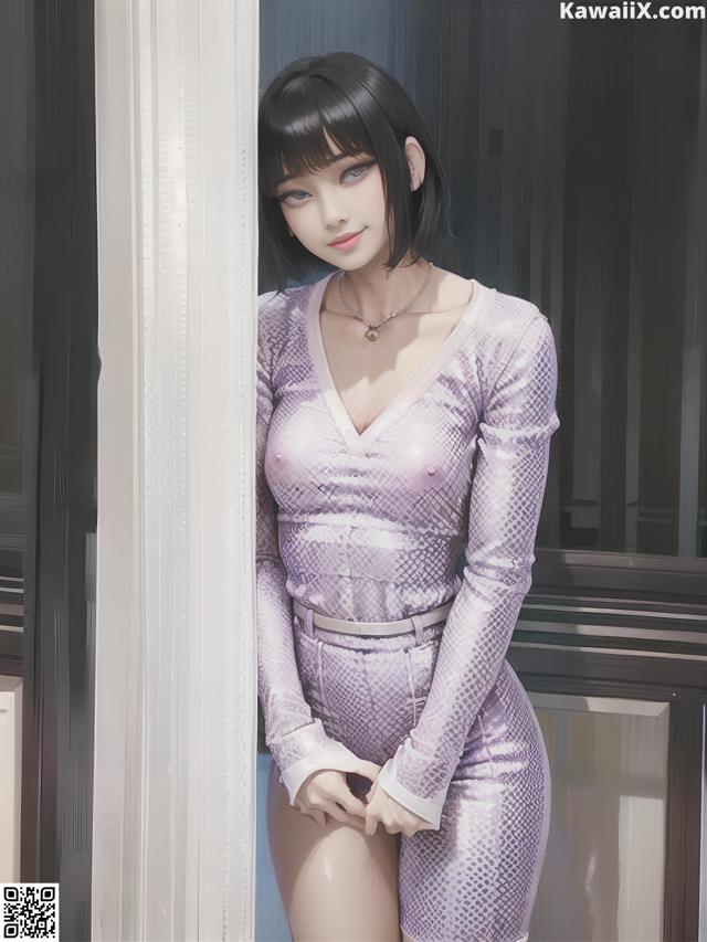 A woman in a purple dress leaning against a wall.