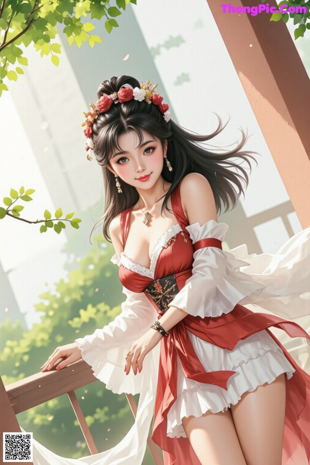A woman in a red and white dress standing on a balcony.