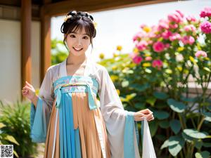 A woman in a pink and blue dress holding a flower.