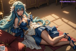 A woman with blue hair sitting on a chair.