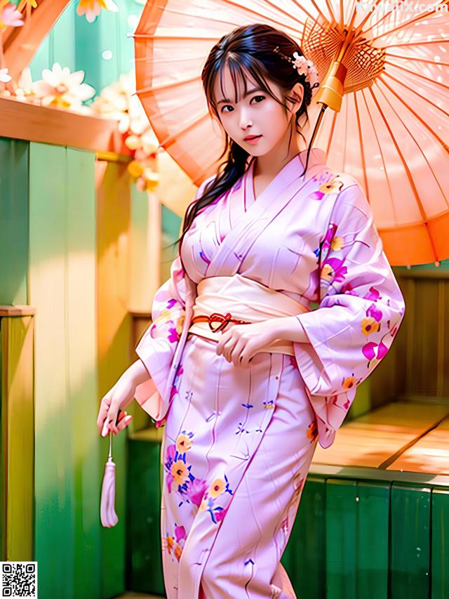 A woman in a pink kimono holding an orange umbrella.