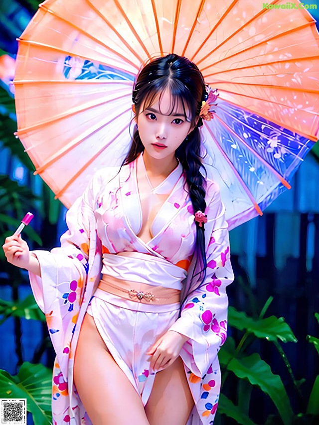 A woman in a kimono holding an umbrella.