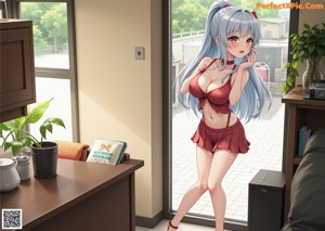 Anime girl with big tits wearing bunny ears and a blue shirt.