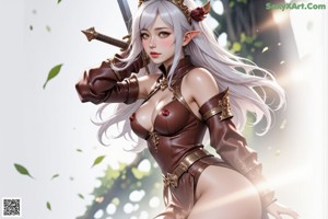 A woman in a revealing outfit holds a sword, standing outdoors with flowing hair and greenery.