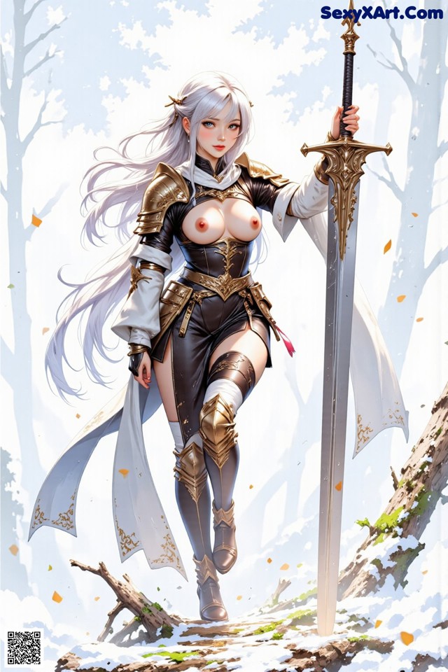 A woman in armor holds a sword, standing in a snowy forest.