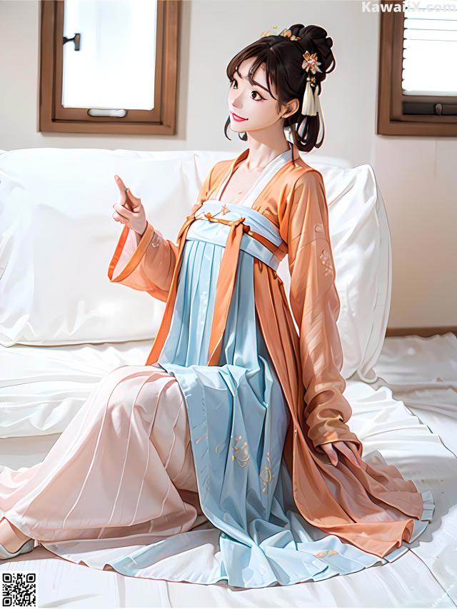 A woman in a blue and orange dress sitting on a bed.