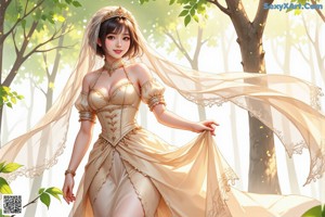 A woman in a wedding dress is walking through the woods.
