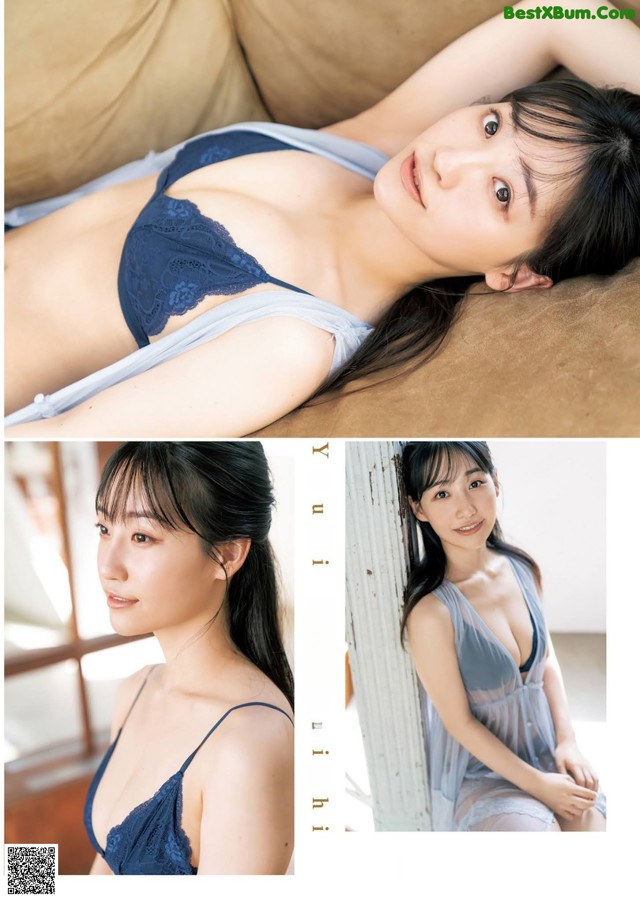 A woman in a blue lingerie laying on a couch.
