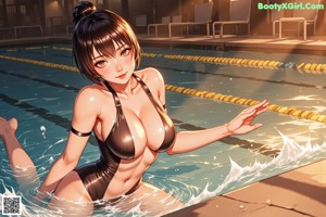 A couple of women standing next to each other near a swimming pool.