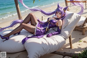 A woman with long purple hair wearing a purple dress.