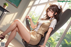 A woman in a school uniform standing in front of a classroom.