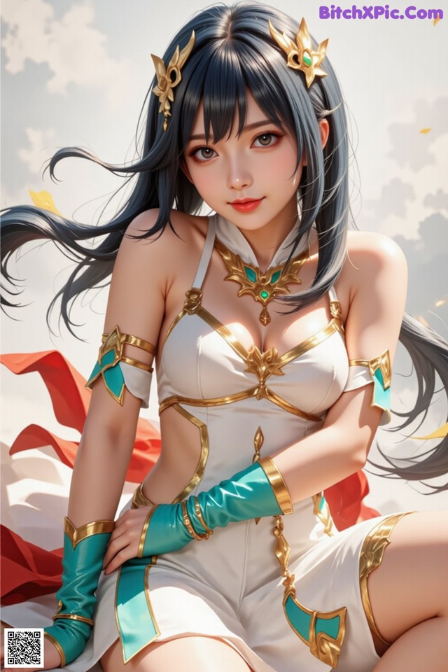 Hentai - Under the Radiance of Celestial Grace Set.2 20250124 Part 16 No.ad70ff A woman in a white and blue outfit sitting on a bed.