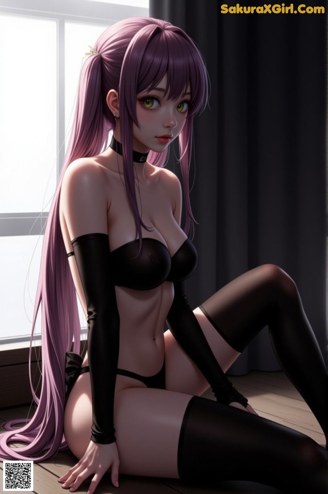 A woman with long purple hair sitting on the floor.