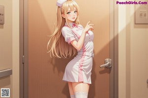 A woman in a nurse uniform standing next to a bed.