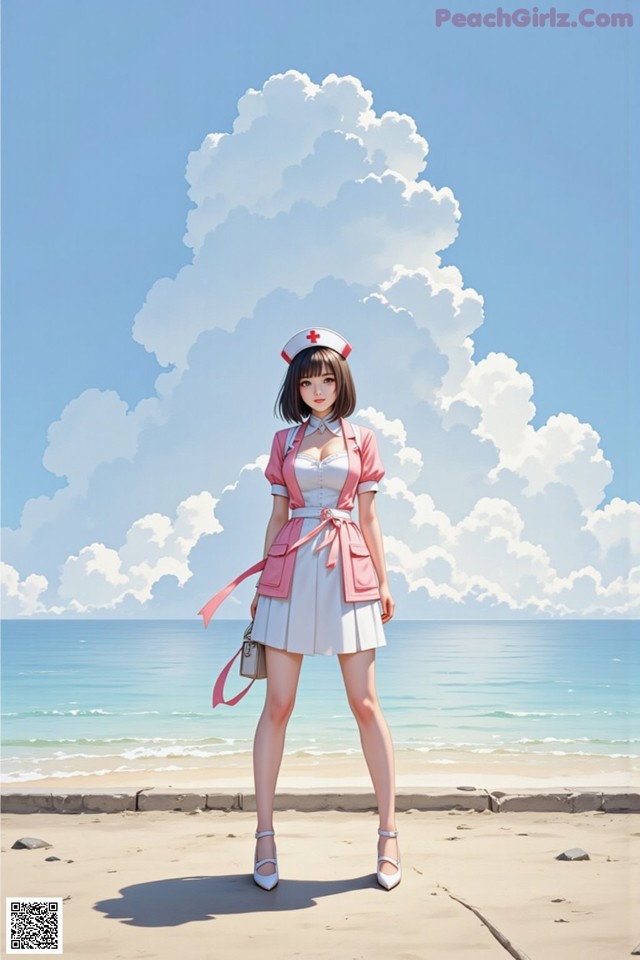 A woman in a nurse outfit standing on a beach.