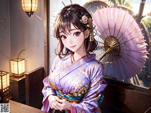 A woman in a blue kimono sitting on a wooden bench.