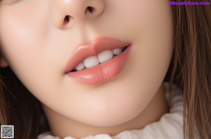 A close up of a woman's face with long brown hair.