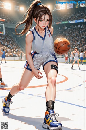 A girl in a basketball uniform crouching down on the ground.