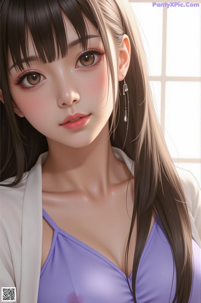 A woman with long brown hair wearing a purple dress.