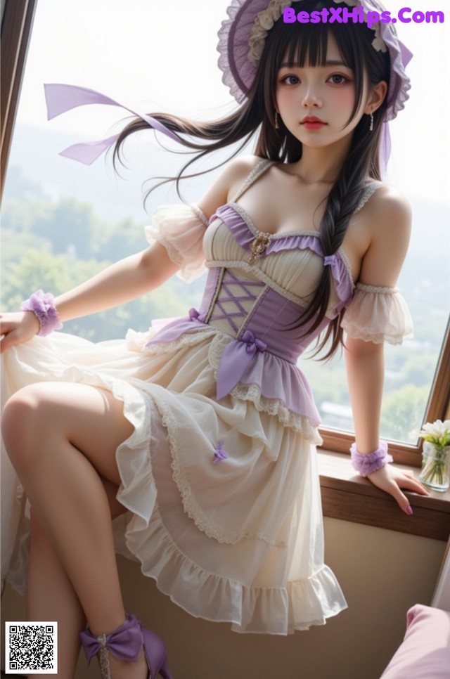 A woman in a dress and hat sitting on a window sill.