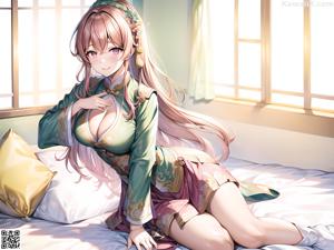 A woman in a green dress sitting on a bed.