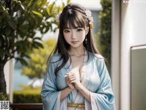 A woman in a kimono sitting on a bench.