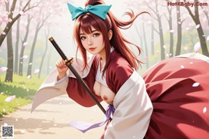 A woman in traditional attire holds a staff, surrounded by cherry blossoms.