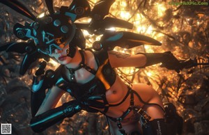 A woman in a futuristic outfit is posing for the camera.
