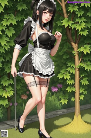 A woman in a maid outfit is posing for the camera.
