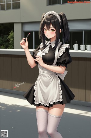 A woman in a maid outfit is posing for the camera.