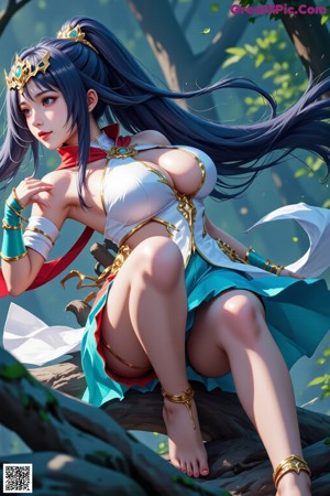 A woman in a red and green outfit with a crown on her head.