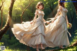 A woman in a white dress with a tia in the woods.