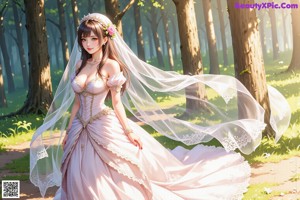 A woman in a wedding dress standing in the woods.