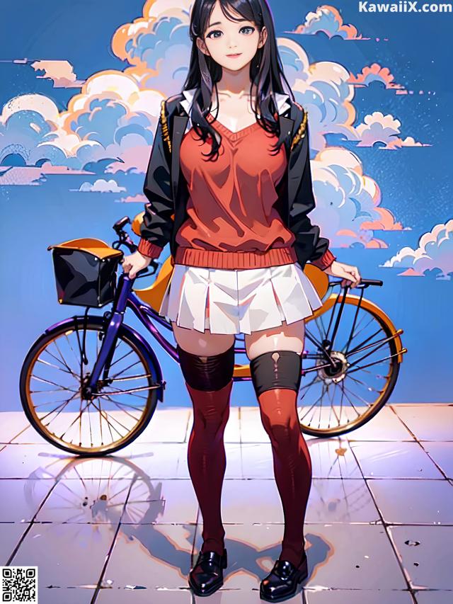 A girl standing next to a bicycle on a tiled floor.