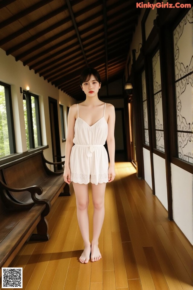 A woman in a white dress standing on a wooden floor.