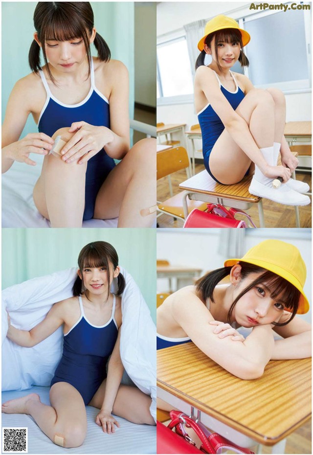 A woman in a blue bathing suit and yellow hat sitting on a bed.