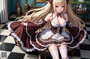 a woman in a white dress and stockings sitting on a bed