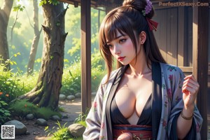 A woman in a red kimono is posing for the camera.