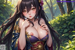 A naked woman in a kimono standing in the woods.