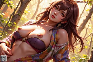 A naked woman in a kimono standing in the woods.