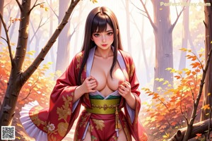 A naked woman in a kimono standing in the woods.