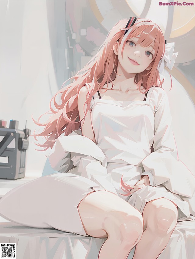 A girl with long pink hair sitting on a bed.